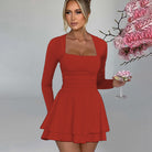Red square-neck long-sleeve dress from Elegant Ruffles Simple Dress collection in fashion