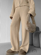 Enchanting langry beige ribbed knit sweater pants set with fur-trimmed bag