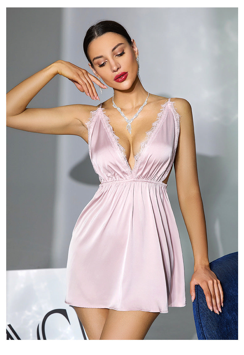 Langry soft pink satin lace deep V plunge backless nightdress
