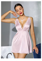 Langry soft pink satin lace deep V plunge backless nightdress