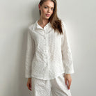 Elegant white pure cotton langry fashion pajama set with button front