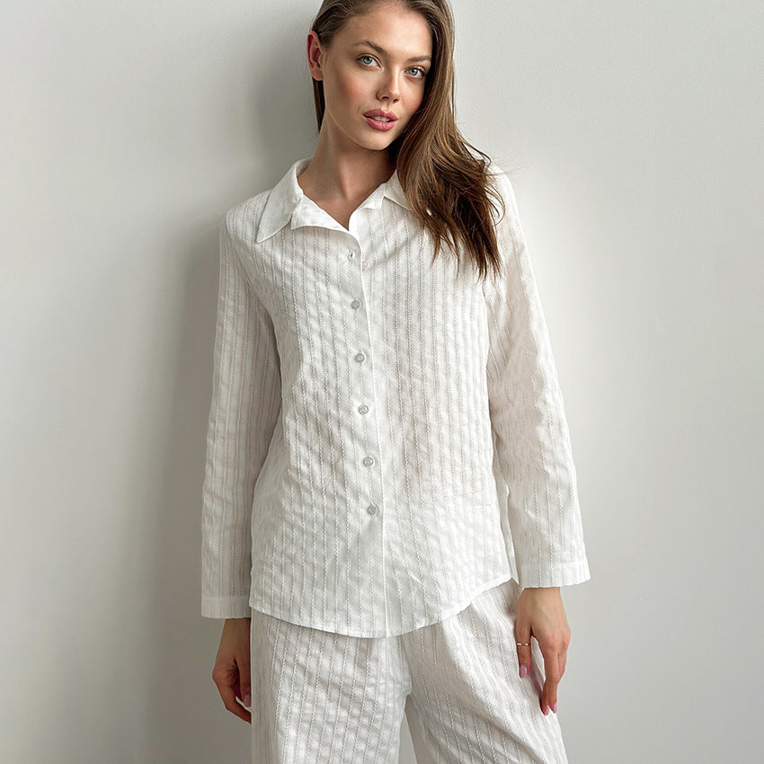 Elegant white pure cotton langry fashion pajama set with button front