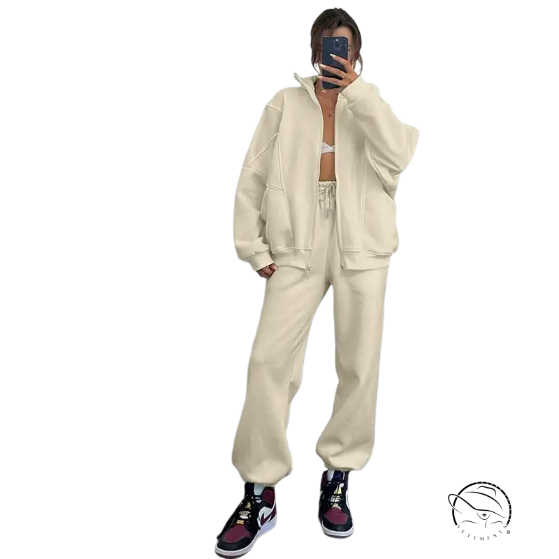 Comfy stand collar cardigan sweater suit in cream oversized hoodie and joggers