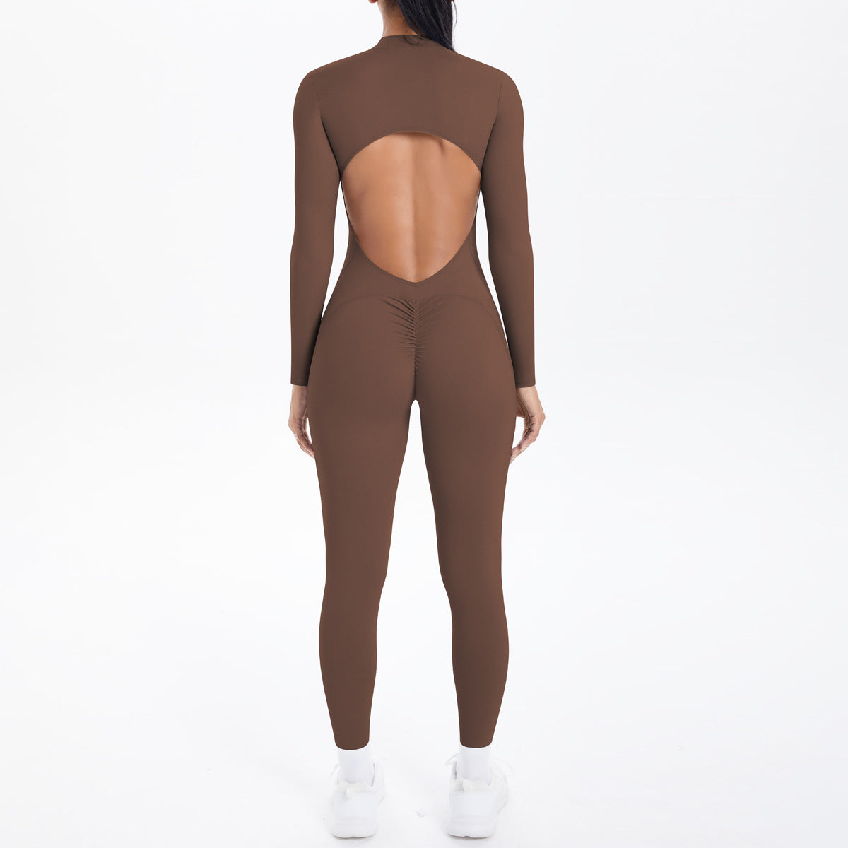 Brown long sleeve yoga one-piece with back cutout in Langry fashion