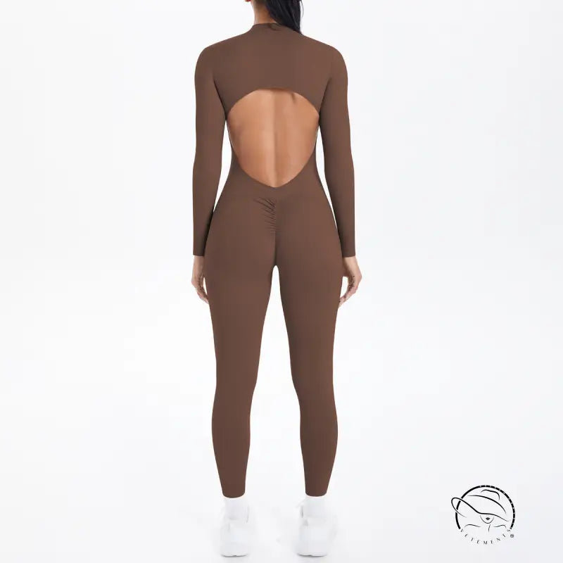 Brown long-sleeve yoga zipper one-piece with back cutout in Langry fashion