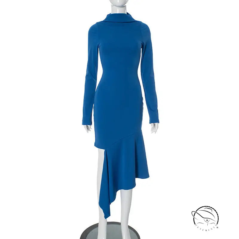 Royal blue asymmetrical langry fashion dress with slit embellishment