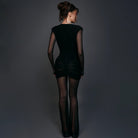 Langry fashion black velvet mini dress with sheer mesh panels and high heels