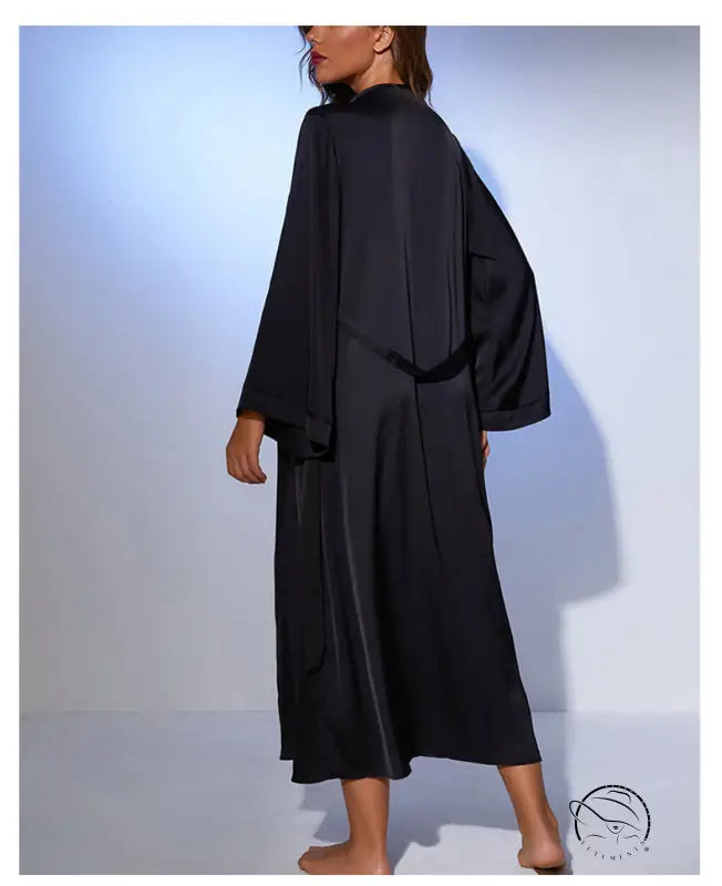 Black satin loose long tie nightgown with long sleeves and side slits