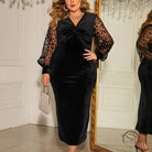 Elegant mesh long sleeve dress in black velvet with sheer polka dot sleeves