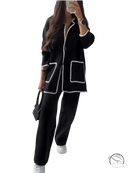 Black coat with white trim and pearl detailing in women stitching bag set