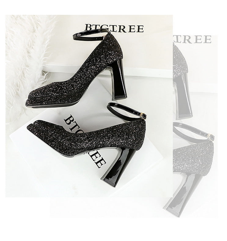 Waterproof Low Cut Square Toe Sequ Ankle Strap Shoes