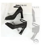 Waterproof Low Cut Square Toe Sequ Ankle Strap Shoes