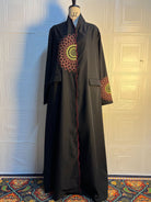 Black abaya trench coat with colorful geometric embroidery in langry fashion