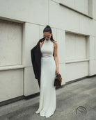 Sleek white Enchanting Knitted Maxi Dress with fitted silhouette