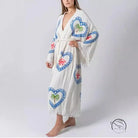 White loose positioning printed coat with blue heart embroidery