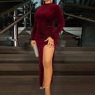 Burgundy velvet high-slit Winter Evening Midi Dress showcasing elegant fashion ملابس