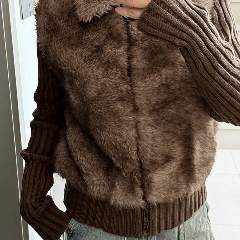 Elegant Langry brown faux fur thermal coat with ribbed collar and zipper