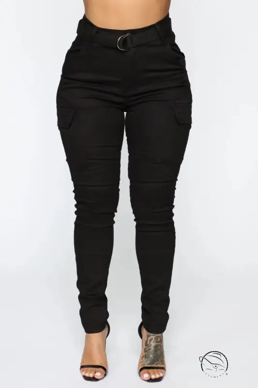 Black casual skinny stretch belt sports pants with high-waisted cargo style