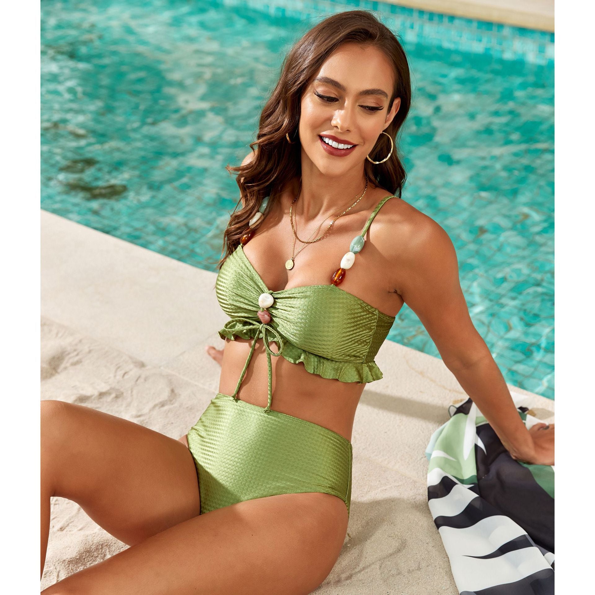 Lime green ruched bikini with shell details, high-waisted bottoms for elegant beach fashion