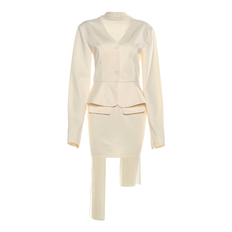 Elegant langry cream peplum blazer skirt set in slim fit fashion