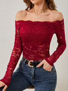 Red lace off-the-shoulder slim fit T-shirt with floral pattern and gold necklace