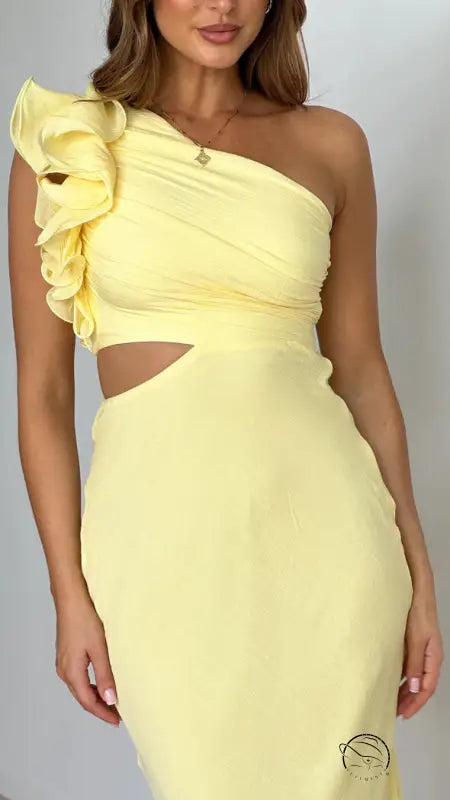 Yellow enchanting slim fit dress with one-shoulder ruffle and cutout