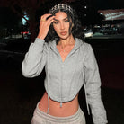 Grey cropped Langry fashion hoodie with gold necklace