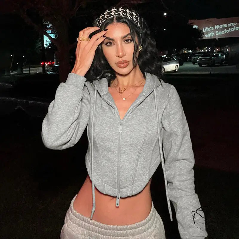 Cozy short zipper cardigan hoodie in grey with gold necklace