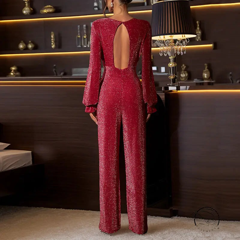Red sparkly open-back elegant retro high waist jumpsuit
