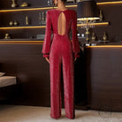 Red sparkly open-back elegant retro high waist jumpsuit