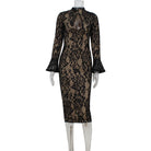 Black lace midi dress with bell sleeves and keyhole neckline for elegant fashion ملابس