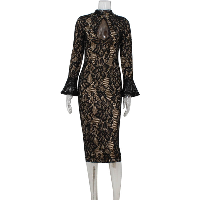 Black lace midi dress with bell sleeves and keyhole neckline for elegant fashion ملابس