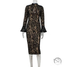 Elegant slim fit black lace midi dress with bell sleeves and keyhole neckline in Langry fashion