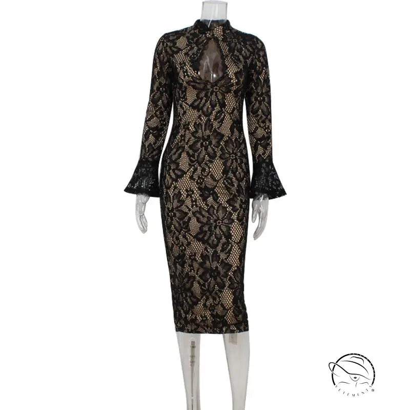 Elegant slim fit black lace midi dress with bell sleeves and keyhole neckline in Langry fashion