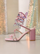 Pink glittery langry fashion stiletto heel sandal with rhinestone bow