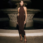 Elegant langry brown ruched halter dress with high neckline and black heels
