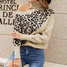 Langry leopard print off-the-shoulder fashion sweater with ribbed knit