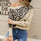 Leopard print off-shoulder langry fashion sweater with ribbed knit