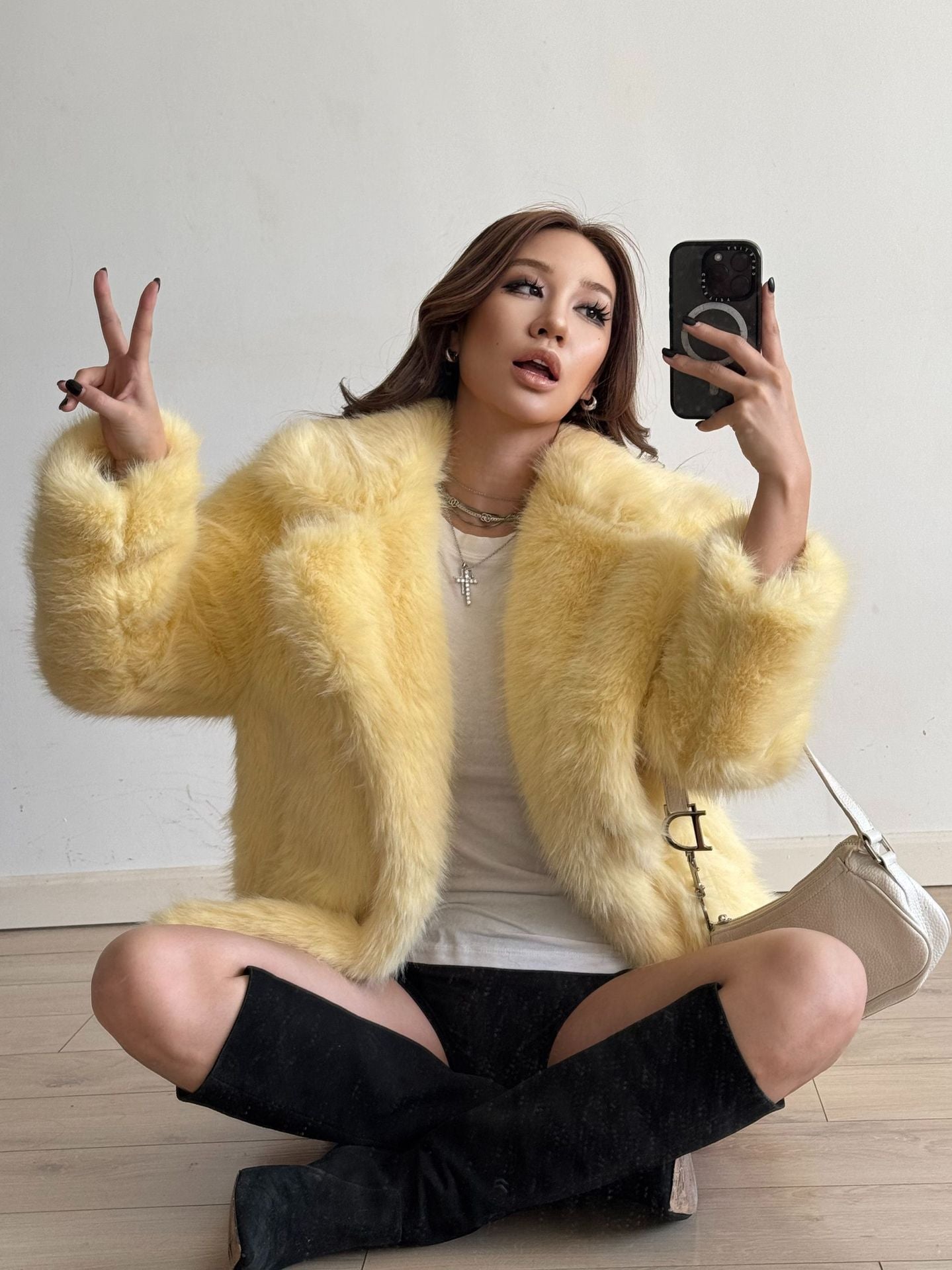 Yellow fluffy faux fur jacket by Langry, mid-length fashionable warm coat
