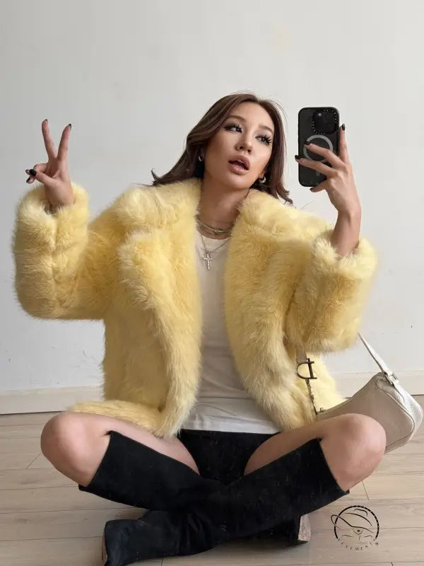 Yellow faux fur Langry fashion jacket with zipper and pockets