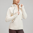 White zip-up athletic hoodie with black accents ideal for thermal workout fashion ملابس