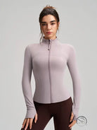 Long sleeve lavender zip-up yoga jacket with finger stall and stand collar