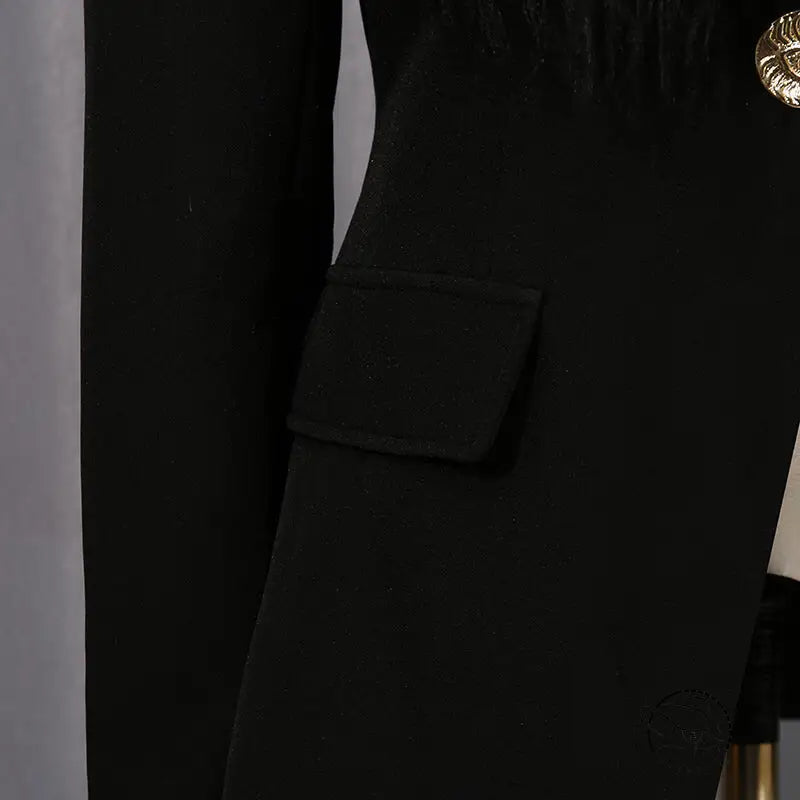 Elegant business blazer with black high-waisted pants, gold buttons, fringe details in langry fashion