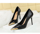 Langry fashion black high heel shoes with gold accents and textured leather