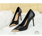 Metal pointed super high heel shoes with gold accents and textured leather