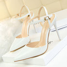 Langry fashion white patent leather slim fit strap high heel sandals with gold accents