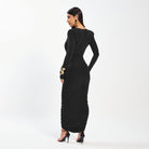 Elegant slim black ruched maxi dress with long sleeves and gold accents in Langry fashion