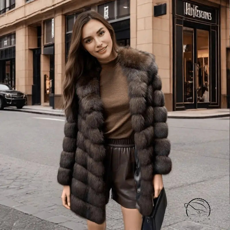 Luxurious natural fox fur hooded coat in rich brown, Langry fashion