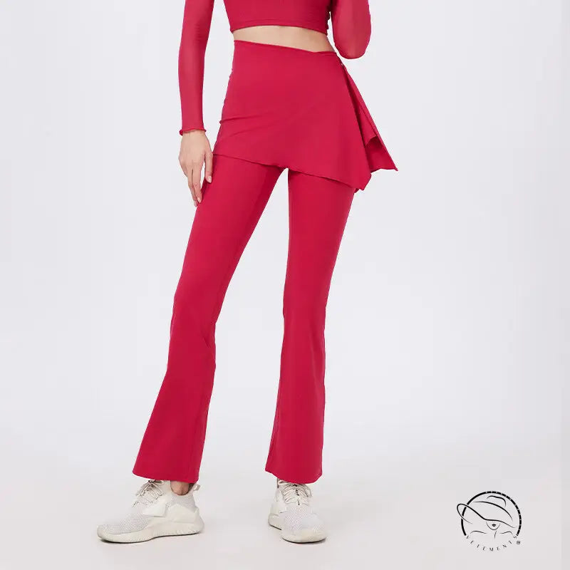 Red flared yoga pants with peplum hem, hip lifting nude feel, white sneakers