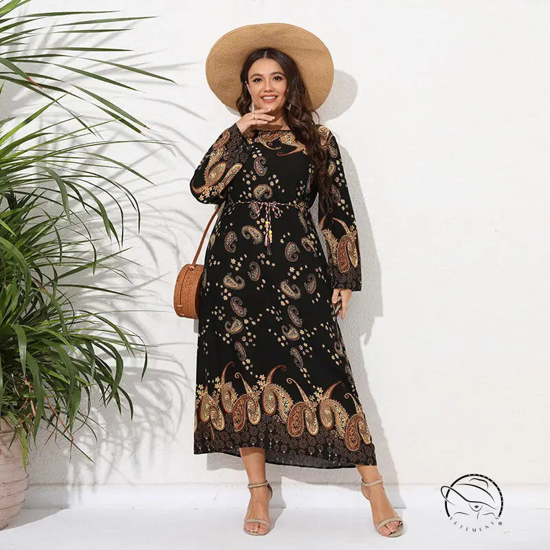 Ethnic Loose Maxi Dress Cashew Printed Long Sleeve